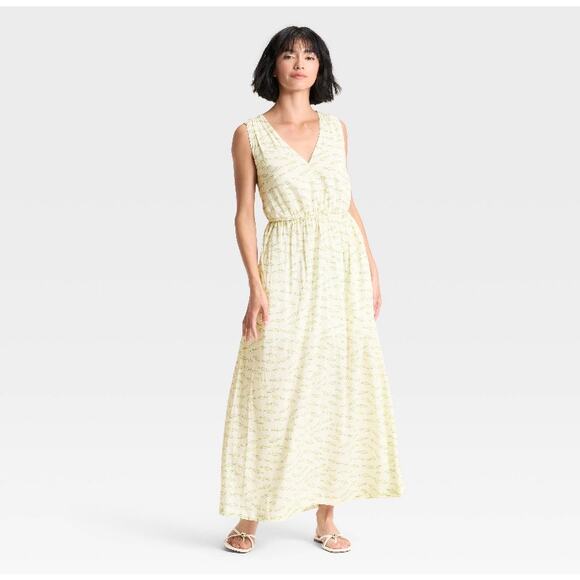 Target A New Day Cream Green White Fish Print  Maxi Dress Tie Open Back EUC L - Picture 1 of 9